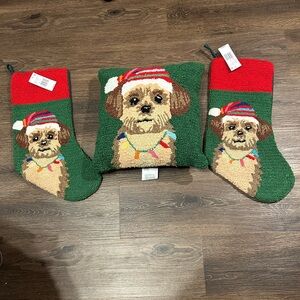 Dillard’s Hook Rug Dog Pillow & Stockings Set (Stockings NWT, Pillow NWOT)